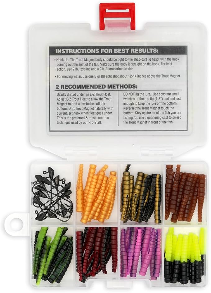 Trout Magnet 82 Piece Panfish Magnet Kit, with A Longer Shad Dart Hook, Includes 70 Split Tail Grub Bodies, 12 Black Size 8 Mustad Hooks, Catches All Types of Fish