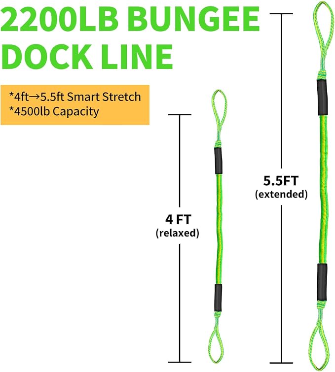 2-Pack Bungee Dock Lines for Boats with Loops, Boat Tie Downs for Docking, Adjustable Boat Mooring Rope for Pontoon, Jon Boat & PWC (Green & Yellow, 4 FT)