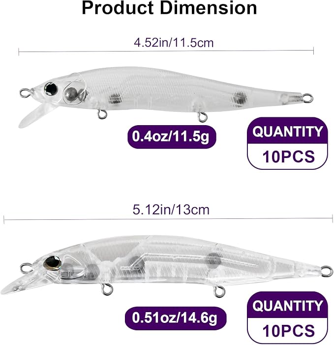 10pcs/20pcs Fishing Blanks Lures Kit Fishing Topwater Unpainted Swimbait Unpainted Crankbaits Hard Baits DIY Lure for Bass Salmon Trout Saltwater and Freshwater