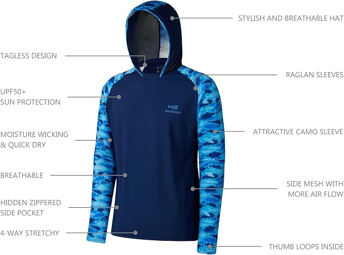 BASSDASH Men’s UPF 50 Performance Fishing Shirt Cooling Hoodie Camo Long Sleeve FS17M