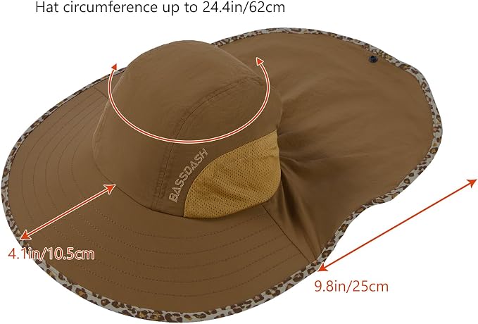 BASSDASH UPF 50+ Unisex Water Resistant Wide Brim Sun Hat with Large Neck Flap Ponytail Fishing Hat for Men Women