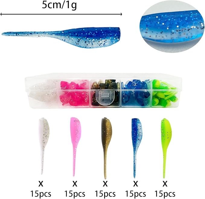 75pcs Crappie Lures Kit - Soft Plastic Coloured Crappie & Panfish Shad Baits