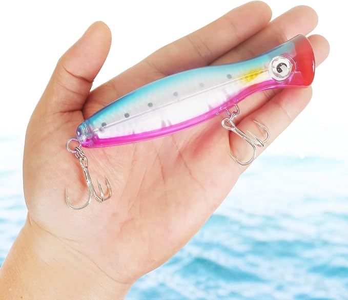 Large Top Water Popper Lure: 2pcs 3D Eyes Tuna Popper Saltwater Fishing Lures for Surf Fishing Gt Tuna Kingfish Large Predator Fish