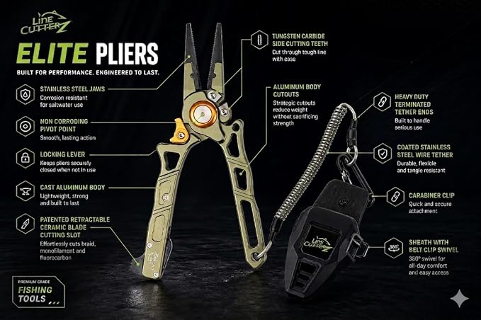 Line Cutterz Elite Saltwater Fishing Pliers, Patented Ceramic Braid and Line Cutter, Hook Remover, Sheath and Lanyard | Integrated Ceramic Blade Cutting Slot In Handle