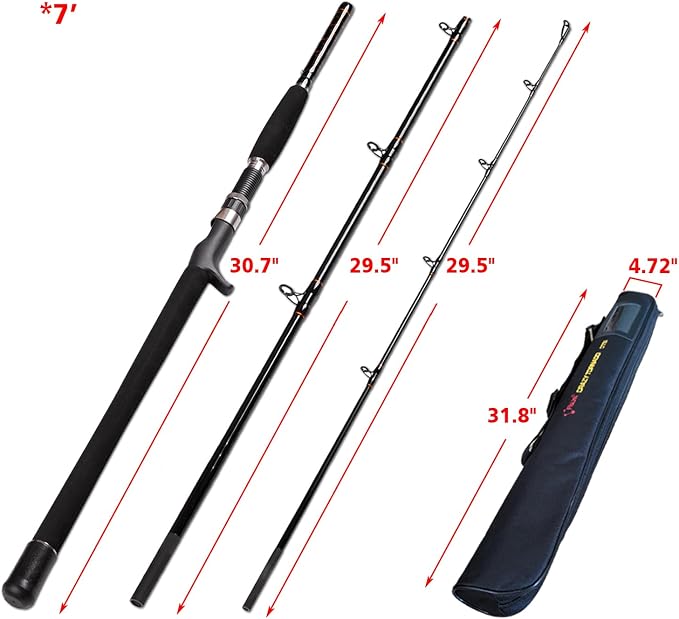 Portable Saltwater Offshore Heavy 3-Piece Travel Graphite Baitcasting Fishing Poles Casting Boat Jigging Trolling Conventional Rods with Rod Case Bag (6'/7'/8')