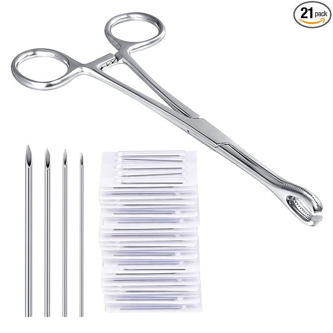 DJCIW Piercing Metal Clamps Forceps with 20Pcs Piercing Needles Surgical Stainless Steel Piercing Clamps for Belly Nipple Tragus Tongue Ear Piercing