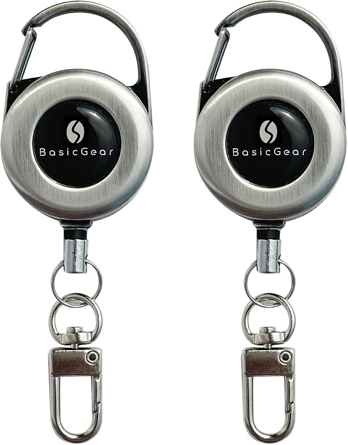 BasicGear Zinger Retractable Keychain 2 Pack – Brushed Metal with 24" Cord, Heavy Duty Badge Reel for Fishing & Outdoors
