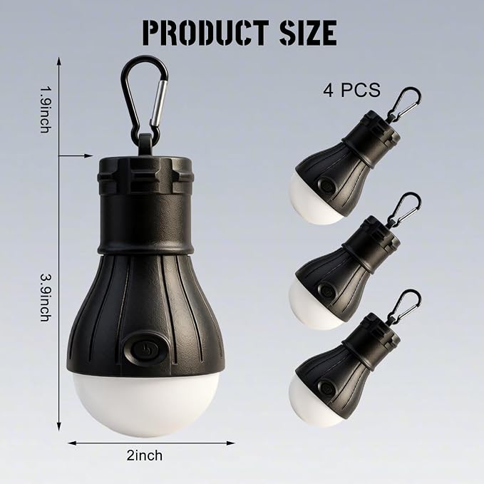 Camping Tent Lantern,LED Camping Lights,Portable Outdoor Waterproof Emergency Light Bulb,Camping Gear,Super Bright,Tent Lamp for Camping,Hiking,Party,Backpacking,Fishing,Power Failure,4 Packs(Black)