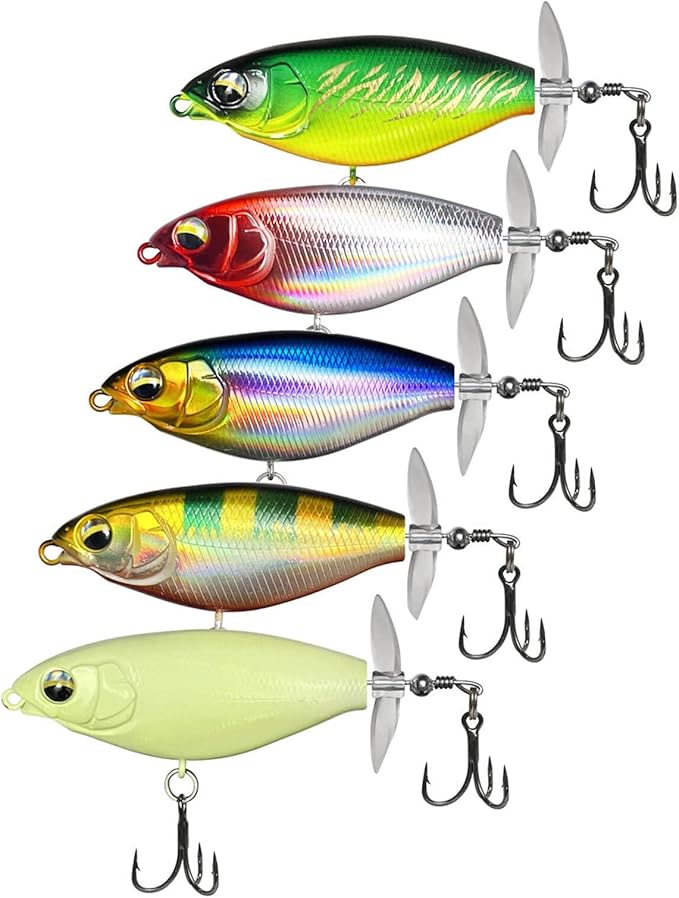 5Pcs Whopper Fishing Lure for Bass Popper Topwater Fishing Lures with Two Propeller Blade Floating Rotating Tail Barb Treble Hooks in Freshwater Plopping Lures