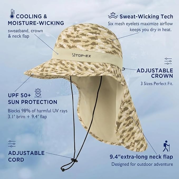 TOP-EX Cooling Sun Hat with Neck Flap – UPF 50+ Wide Brim Breathable Hat for Hiking, Fishing & Big Heads