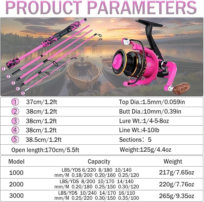 Spinning Fishing Rod Reel Combos,5-Piece Portable Fishing Pole and Smooth Reel for Boys,Girls and Adults