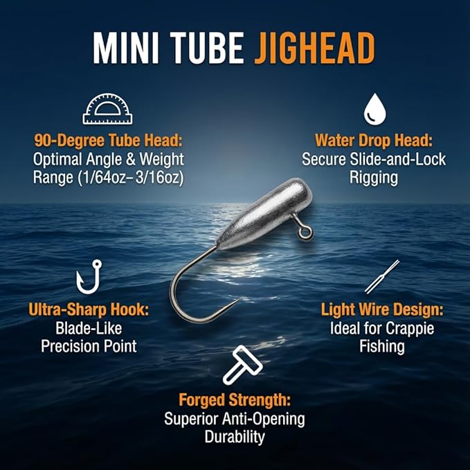 25pcs/Box Mini Tube Jig Heads (1/64oz–3/16oz, #1–#6 Hook Sizes) – 90° Water Drop Design for Crappie, Panfish & Bass Fishing
