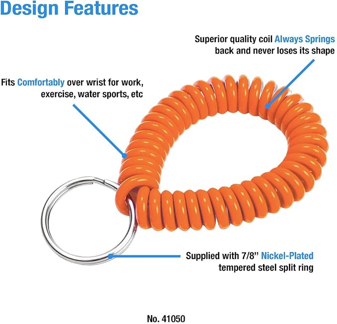 Lucky Line 2” Spiral Wrist Coil with Steel Key Ring, Flexible Wrist Band Key Chain Bracelet, Stretches To 12” Orange, 10 Pack (41050)