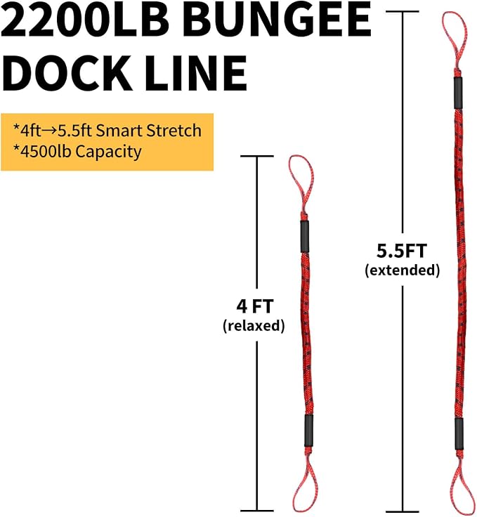 2-Pack Bungee Dock Lines for Boats with Loops, Boat Tie Downs for Docking, Adjustable Boat Mooring Rope for Pontoon, Jon Boat & PWC (Red & Black, 4 FT)