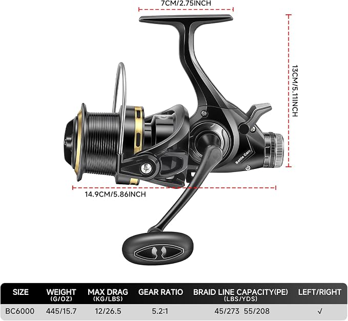 HAUT TON Battle Carp Fishing Reel, 4+1 BB Carbon Fiber Drag Spinning Reels for Saltwater Freshwater Fishing, 26.5 Lbs Powerful Max Drag Baitfeeder Fishing Reels