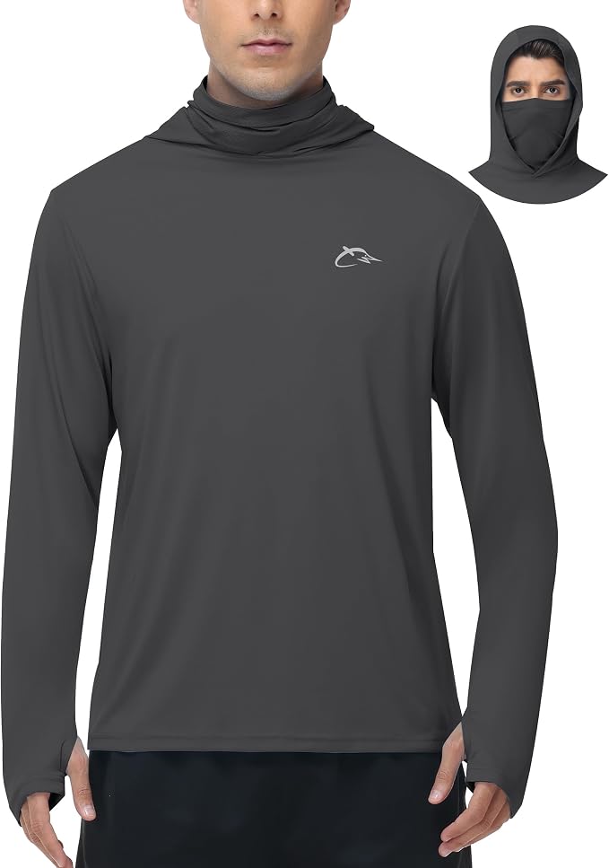 FISHEAL Men's Performance Fishing Hoodie Shirt - UPF 50+ Sun Protection Long Sleeve Thumbholes Shirts with Neck Gaiter