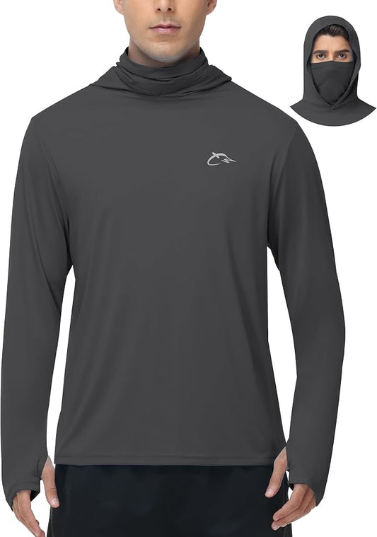 FISHEAL Men's Performance Fishing Hoodie Shirt - UPF 50+ Sun Protection Long Sleeve Thumbholes Shirts with Neck Gaiter