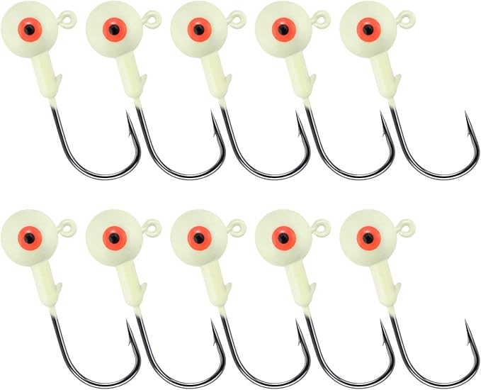 Alwonder 10-Pack Round Fishing Jig Heads, Bass Ball Jigs Hooks 3D Eyes High Carbon Steel 1/8-1/2OZ Pompano Jig Head Saltwater Freshwater Jigs Heads for Fishing Pompano Bass Trout Walleye Striper