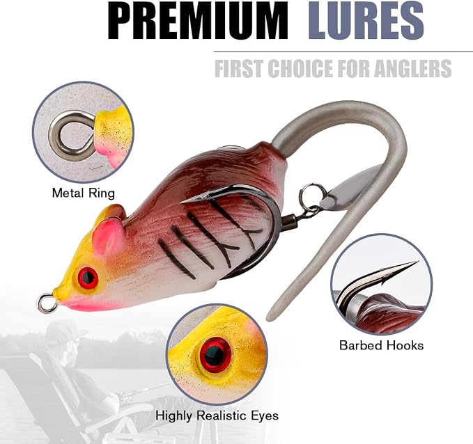 Topwater Mouse Fishing Lures, Realistic Mouse Rat Lure Baits for Bass, Trout, Catfish, Pike, Perch - Rat Lure Includes Tackle Box - Freshwater & Saltwater Angling