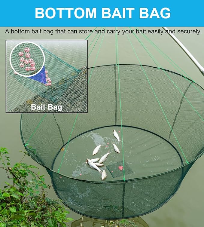 Foldable Fishing Net, Nylon Minnow Trap Crab Trap Crab Net, Drop Net for Pier Fishing, Drop Nets for Pulling Up Fish with Rope, Portable Bridge Fishing Nets for Minnows Crawfish Shrimp
