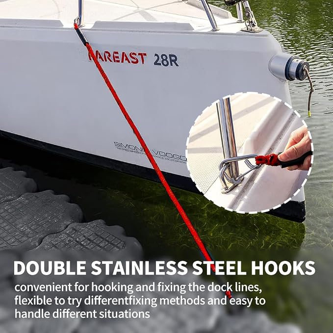 Bungee Boat Dock Line, Boat Rope with Double 316 Stainless Steel Clips Accessories for Bass Boat, Kayak, Pontoon, Watercraft, Waverunner, SeaDoo, Canoe,2Packs,4-6FT,Red&Black