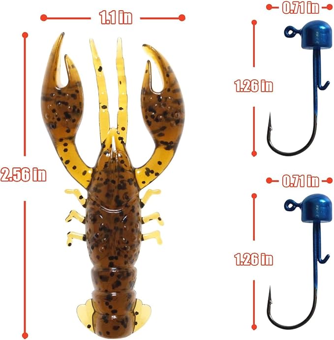 Soft Plastic Crawfish Lures Kit with Jig Heads, 25pcs/60pcs Creature Baits Fishing Lure Set for Bass Trout Pike Freshwater Fishing