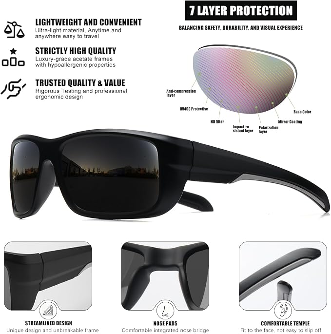 3Pack Polarized Sports Sunglasses for Men, Wrap Around Frame UV400 Goggles Sun Glasses for Cycling Fishing Driving