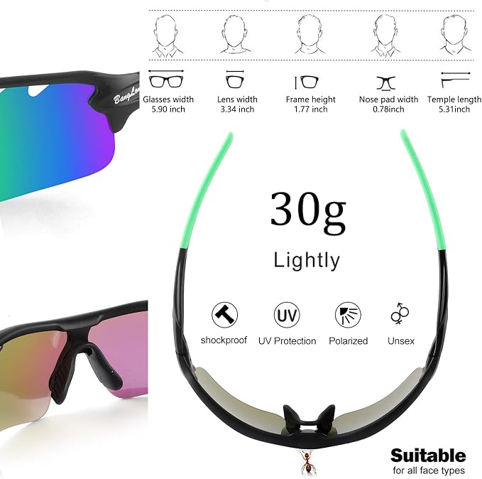 BangLong Polarized Cycling Sunglasses for Men Women, 26g Sports Sunglasses with 5 Lenses for Running Fishing Baseball Driving