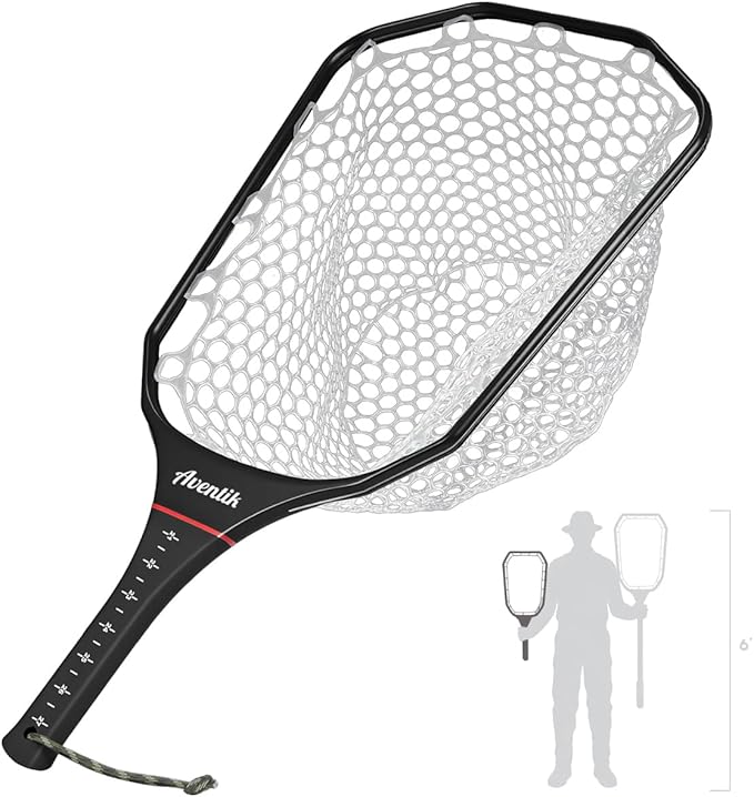 Riverruns Fly Fishing Landing Net Carbon Fiber Trout Net with Measurement Handle, Soft Rubber Mesh - 26" Standard (Wading) / 37" Long (Kayak)