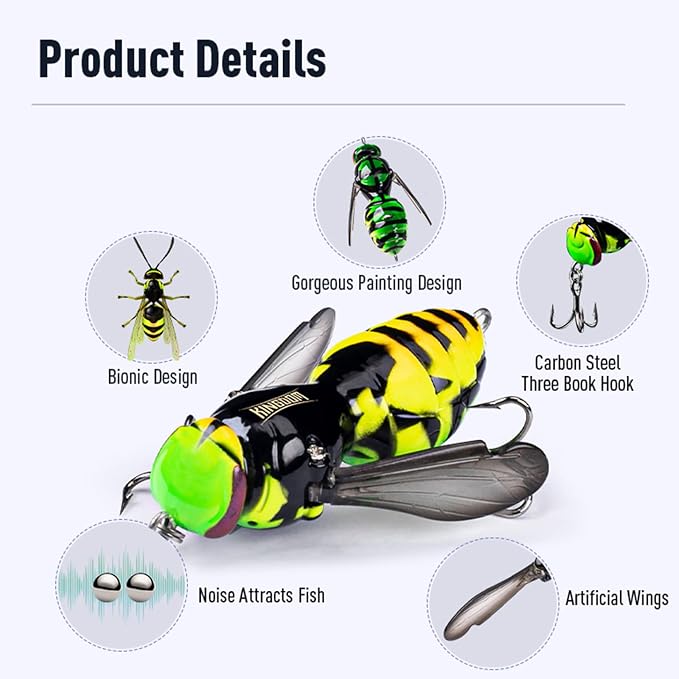 Kingdom Wasp Craw Bait Insect Bionic Floating Fishing Lures Swimbaits Hard Artificial Baits Lure for Freshwater and Saltwater Bass Carp Pike Walleye Fishing ABS Material Carbon Steel Three Book Hook