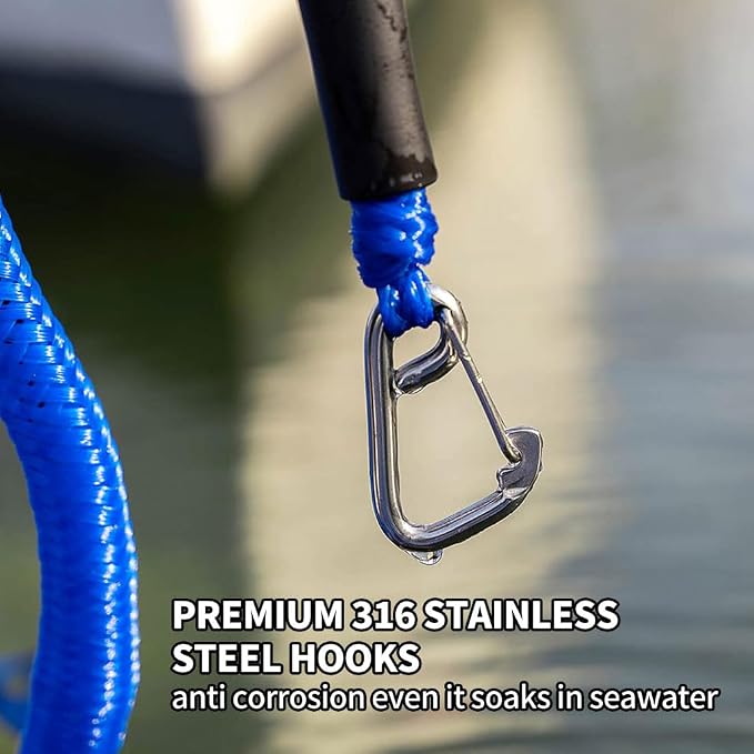 Bungee Boat Dock Line, Boat Rope with Double 316 Stainless Steel Clips Accessories for Bass Boat, Kayak, Pontoon, Watercraft, Waverunner, SeaDoo, Canoe,2Packs,4-6FT,Blue