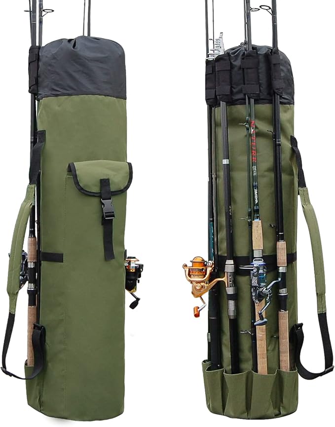 Fishing Pole Bag with Rod Holder Canvas Carrier Bag Fishing Rod Reel Organizer Bag Foldable Fishing Tackle Storage Bag Travel Case Fishing Gifts for Men