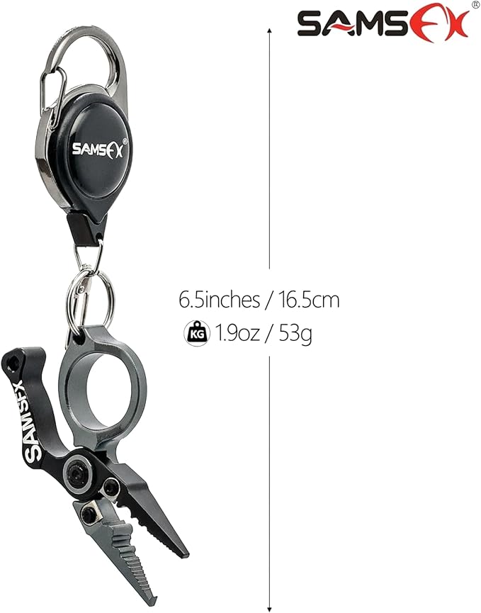 SAMSFX Mini Fishing Pliers with Fly Fishing Zinger Retractor, Fish Hook Remover Tool, Split Ring Pliers for Saltwater & Freshwater, Tungsten Carbide Cutters, Fishing Gear Gift for Anglers