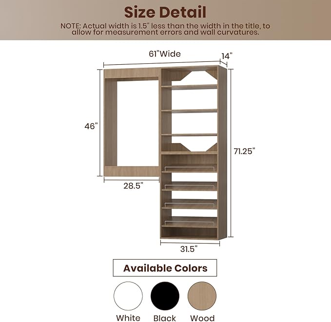 ROOMTEC Modular Closet System, 61" Wall Mounted Closet Organizer with Hanging Rods and Shoe Shelf, Wooden Tower for Walk-In Closets, Wardrobe Storage Kit, Wood