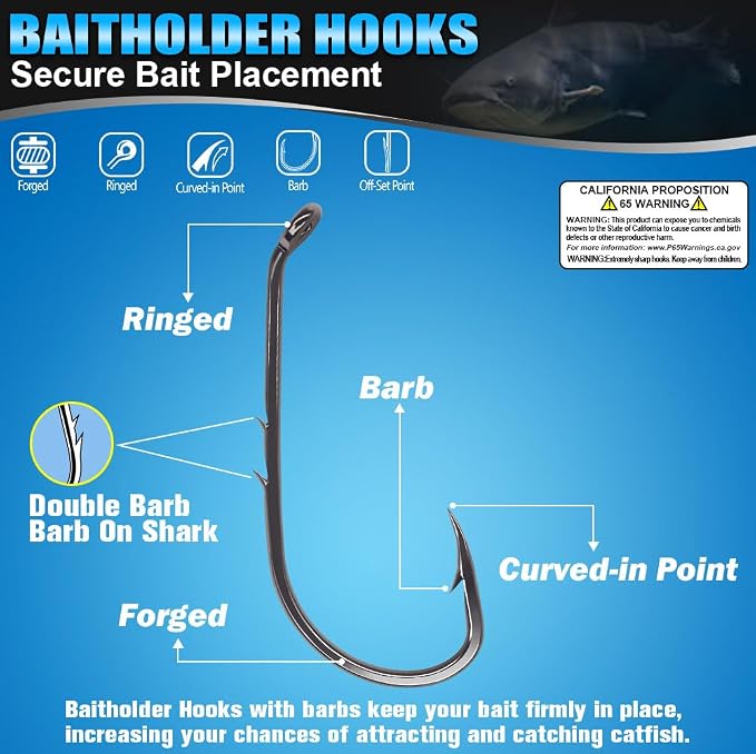 Baitholder Fishing Hooks 100 Pack - Double-Barbed Long Shank for Bluegill Bass Trout Walleye Black/Red, 8/0-#8