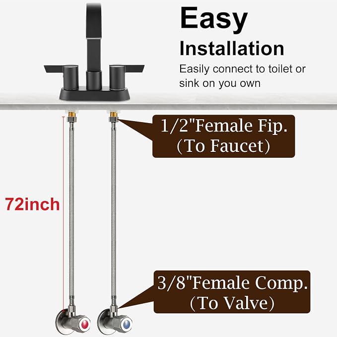 Midanya Faucet Supply Lines,72" Stainless Steel Braided Water Supply Line, 1/2" FIP x 3/8" COMP Faucet Hose, Faucet Hose Connector x 2 Pcs (1 Pair)