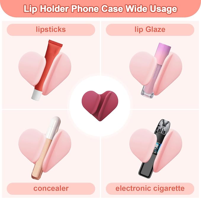 Lip Gloss Holder Phone Case,2026 New Model, Heart Shaped Gloss Bracket,Protective Lip Gloss Case with Adhesive Holder for Most Phone Models (Rose Pink)