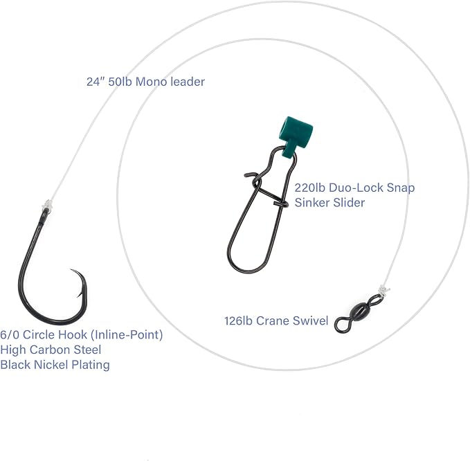 Striped Bass Rigs, 6/0 Inline Circle Hook with 24" 50lb Mono Leader Fish Finder Slider Rigs, 6-Pack Hand-Tied Saltwater Surf Fishing Tackle with 126lb Swivel & 220lb Snap for Striper Fishing
