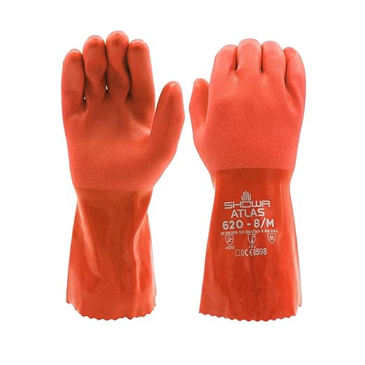 SHOWA Atlas 620 Double-Dipped PVC Chemical Resistant Gloves, Rough Finish Grip, Seamless Cotton Liner, 12" Length, Blue, XX-Large, Vending 12-Pack