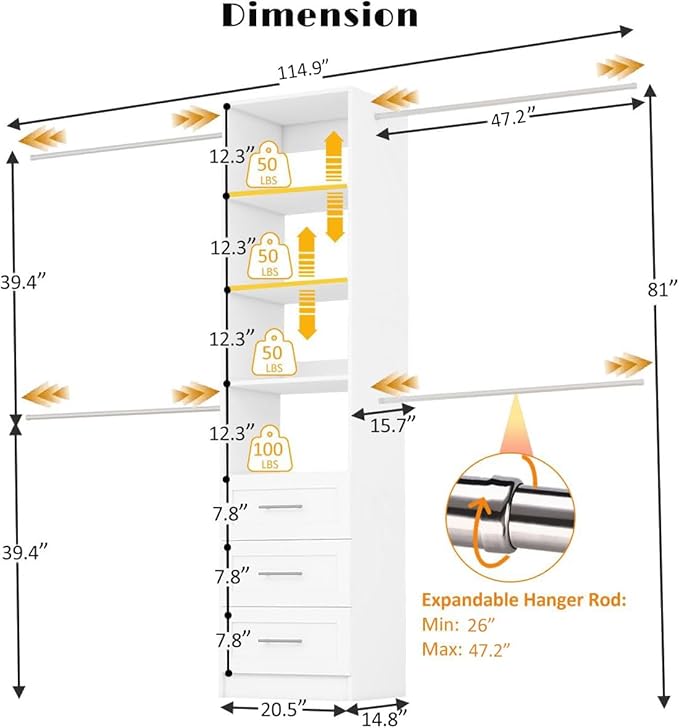 Closet System, 5FT-9FT Closet Organizer System 114.9" Walk in Closet Storage System with 3 Wooden Drawers 4 Expandable Hanging Rods, Wall Mount White