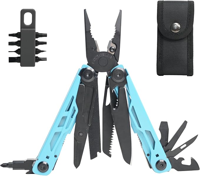 Multitool with Pocket Knife, 25-in-1 Stainless Steel Pliers and Screwdriver, Self-locking Multi-tool EDC Gear with Sheath, Suitable for Camping and Hiking (Powderblue)