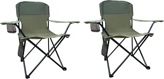 Folding Camping Chair with Cup Holder & Storage Bag, 225lbs Capacity, Large Anti-Sink Feet, Breathable PE Coated Fabric for Outdoor, Hiking, Beach, Fishing, Backpacking, 2PCS Green