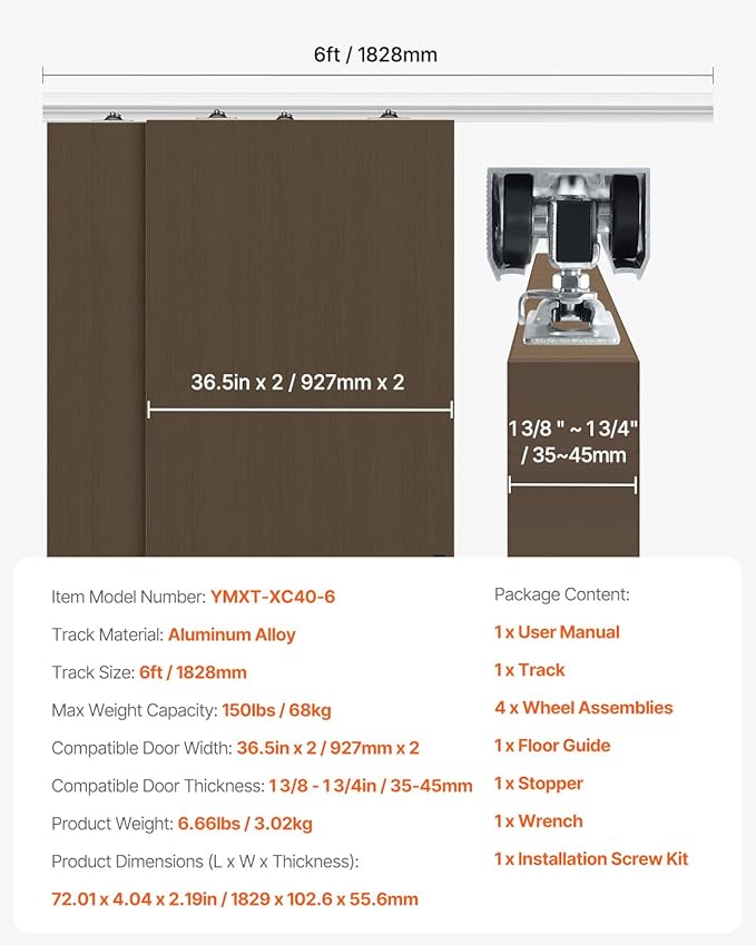 VEVOR Bypass Door Hardware, 6ft Heavy Duty Bypass Sliding Door Hardware Kit, Aluminum Alloy Sliding Closet Door Hardware Set for 2 Door System, Fit Door Thickness 1 3/8" - 1 3/4", Easy to Install