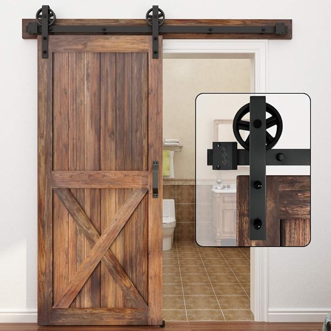 WINSOON 5-16FT Single Wood Sliding Barn Door Hardware Basic Black Big Spoke Wheel Roller Kit Garage Closet Carbon Steel Flat Track System (14FT)