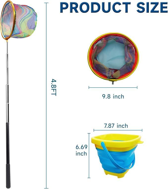 2PCS Fishing Net with Bucket, Telescopic Fishing Landing Net, Collapsible Youth Sand Bucket, Youth Fish Butterfly Catching for Freshwater Saltwater Outdoor Activities