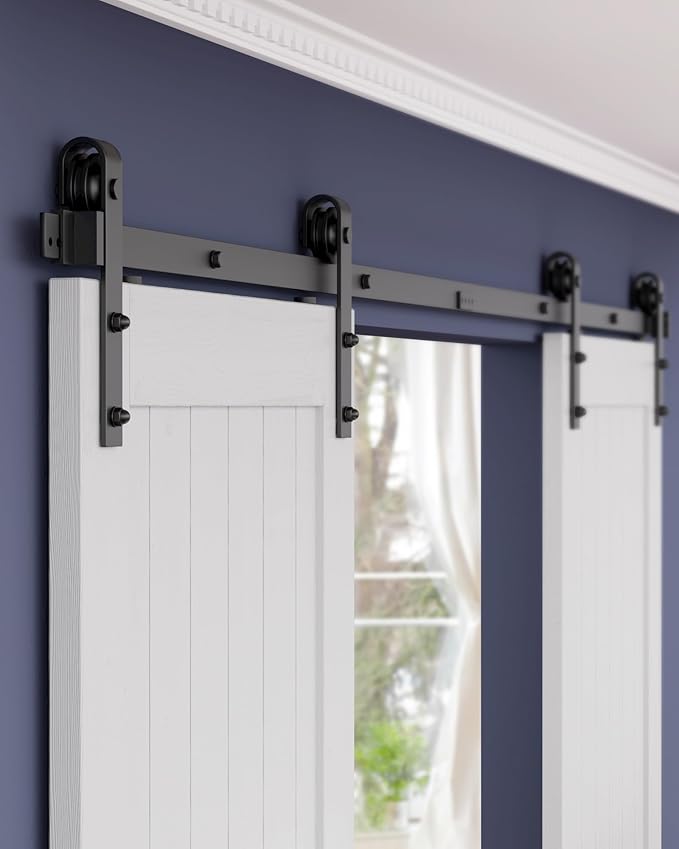 ZEKOO 12 FT Barn Door Hardware Kit for Cabinet Closet, Sliding Door Hardware for Double Barn Door, Heavy Duty Black Barn Door Track with Steel Hanger, Slide Smoothly Quietly, Easy Install