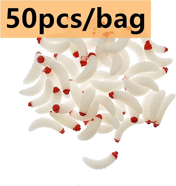 50pcs-1Inch Bass Fishing Worms Lures,Silicone Soft Maggot Baits Bread Worm Fishing Lure,5 Color