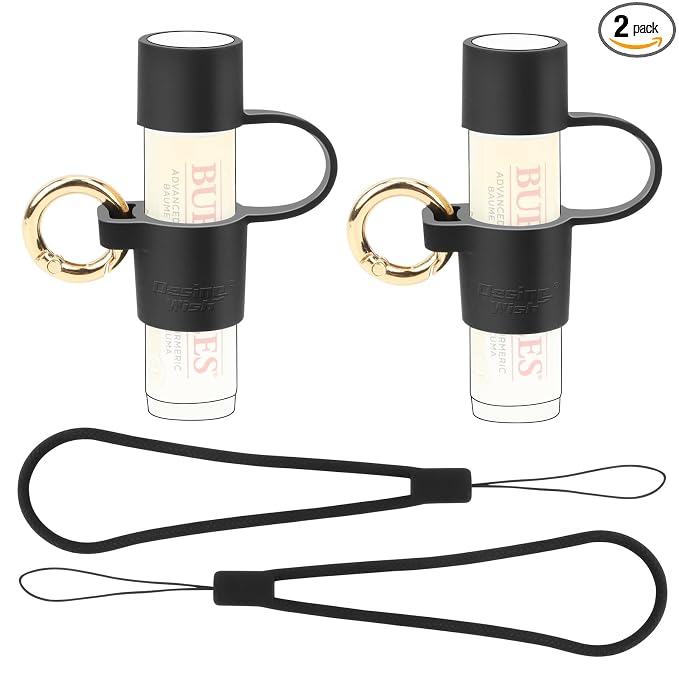 2 PCS Silicone Chapstick Holder with Cap Cover, 0.6'' Diameter Portable Lip Balm Holder Key Chain Sleeve Chapstick Keychain Holder with Wrist Strap Lanyard - Black