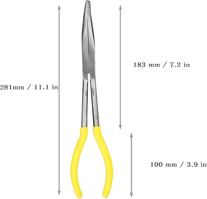 11 Inch Long Reach Long Nose Pliers | Designed for Mechanics, Technicians, and Contractors | Work with Delicate or Difficult-to-Reach Pieces | Milled-Jaws | Steel “45 Degree Bent Nose Plier