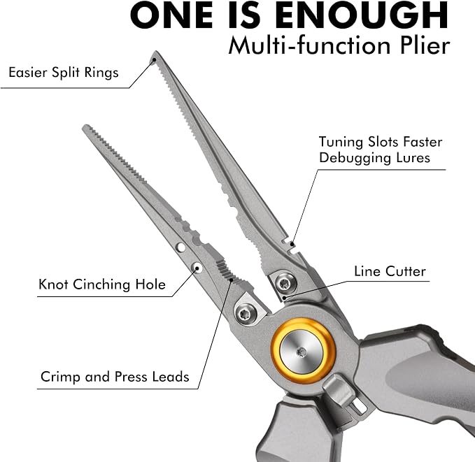 TRUSCEND Easy Use Lockable Fishing Pliers with Tungsten Carbide Cutter, Innovative Ergonomic Handy Handle, Saltwater Corrosion Resistant Teflon Coated Fishing Tool, Light Multi-Function Fishing Gear
